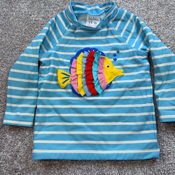 Baby Boden Blue Striped Rainbow Fish Rash Guard Ruffle Swimsuit Set 9-12M 80cm - Picture 3 of 4